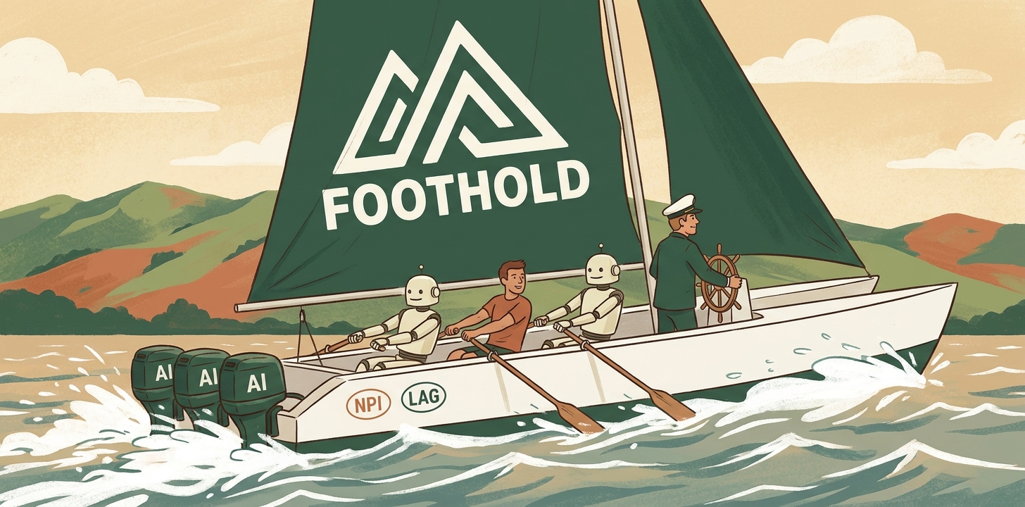 The Foothold boat: AI motors, a rowing crew including Liberty, and a captain towing it forward