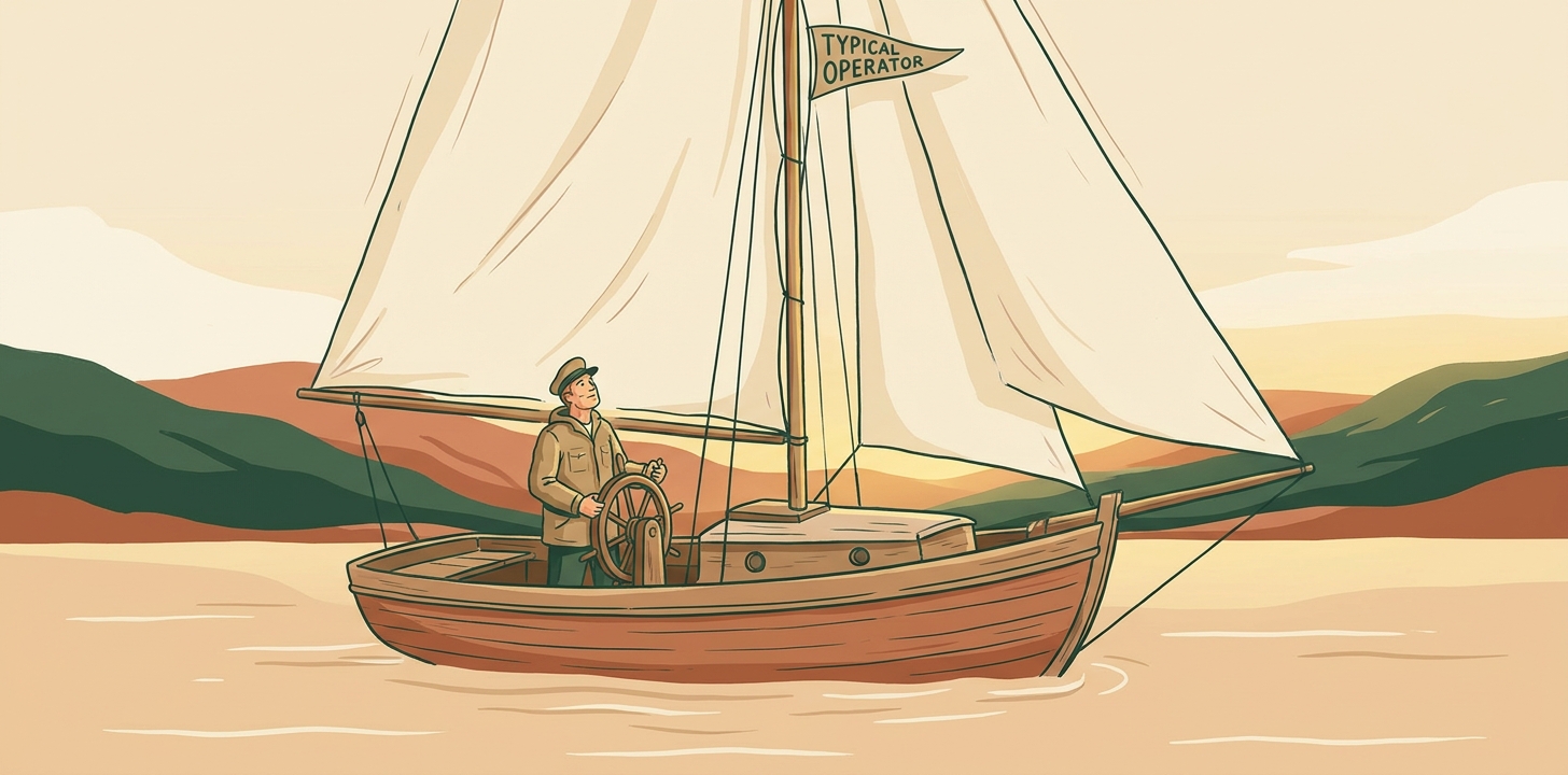 A capable operator at the wheel, sails slack, waiting for wind
